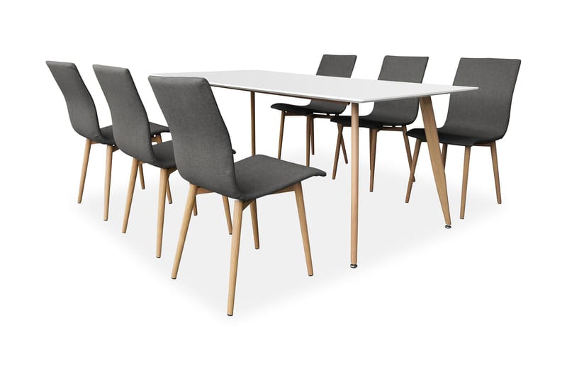 Pontus Spisebordssæt 180 cm med 6 William Stole - Hvid/Eg/Grå - Møbler - Borde - Spisebordssæt