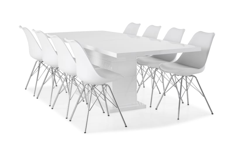 Ratliff Spisebordssæt 200x40cm m. 8 Shell Stole - Hvid/Krom - Møbler - Borde - Spisebordssæt