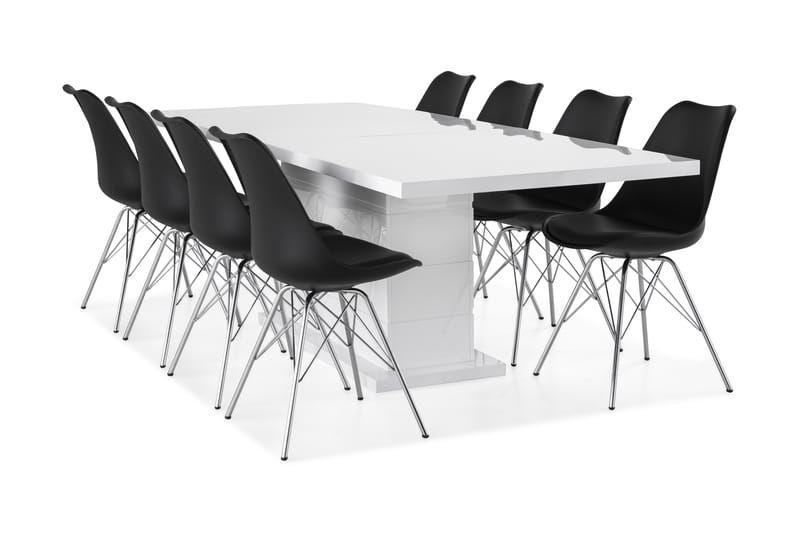 Ratliff Spisebordssæt 200x40cm m. 8 Shell Stole - Hvid/Sort/Krom - Møbler - Borde - Spisebordssæt
