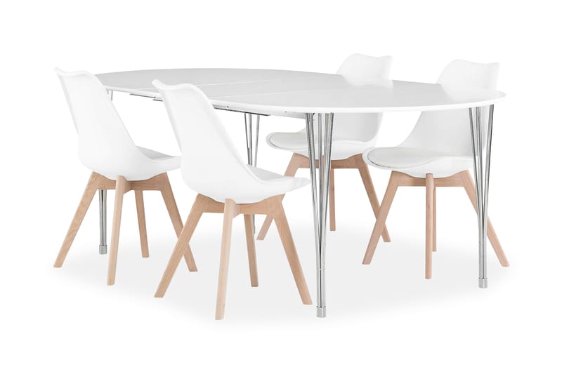 Tyson Spisebordssæt 160 cm + 4 Lovi Stol - Hvid/Krom/Eg - Møbler - Borde - Spisebordssæt