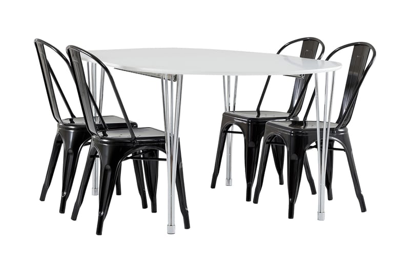 Tyson Udvideligt Spisebordssæt 160 cm med 4 Amparo Stol - Hvid/Krom/Sort - Møbler - Borde - Spisebordssæt