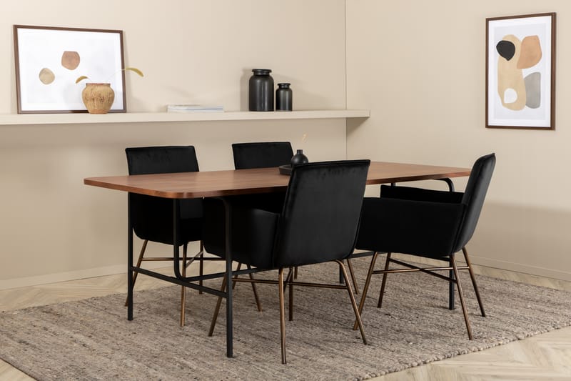 Unos Spisebordssæt 200 cm inkl 4 Pipi Stole - Valnødsbrun/Sort/Kopper - Møbler - Borde - Spisebordssæt