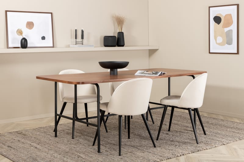 Unos Spisebordssæt 200 cm inkl 4 Valera Manchesterstole - Valnødsbrun/Sort/Beige - Møbler - Borde - Spisebordssæt