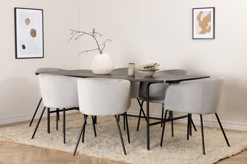 Unos Spisebordssæt 200 cm inkl 6 Berita Velourstole - Sort/Grå - Møbler - Borde - Spisebordssæt
