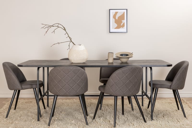 Unos Spisebordssæt 200 cm inkl 6 Velvets Stole - Sort/Grå - Møbler - Borde - Spisebord og køkkenbord