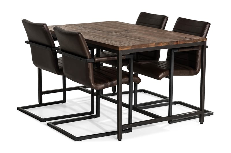 Wilmer Spisebordssæt 140 cm med 4 House Stole Vintage - Rustik Elm/Sort/Mørkebrun PU - Møbler - Borde - Spisebordssæt