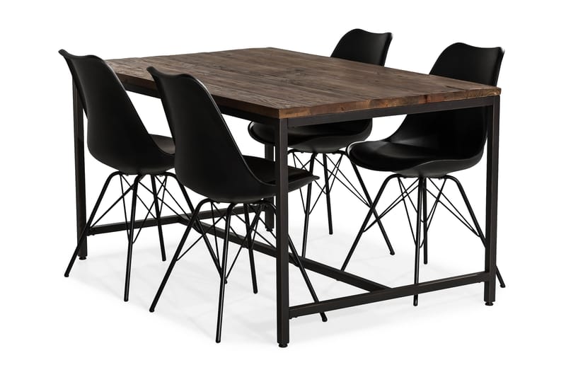 Wilmer Spisebordssæt 140 cm med 4 Shell Stole - Rustik Elm/Sort PU - Møbler - Borde - Spisebordssæt