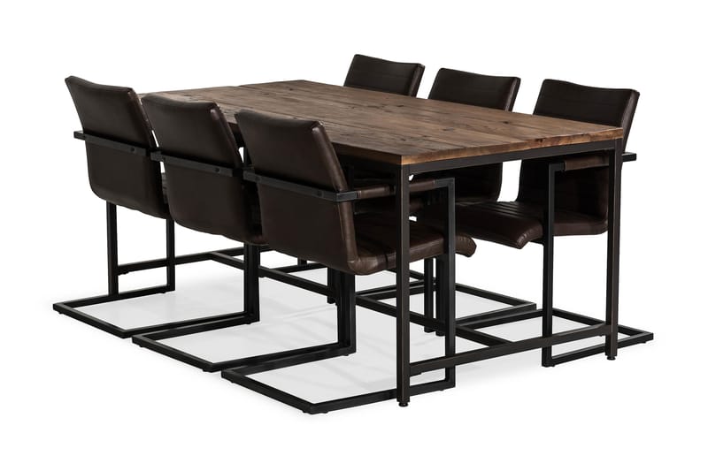 Wilmer Spisebordssæt 180 cm med 6 House Stole Vintage - Rustik Elm/Sort/Mørkebrun PU - Møbler - Borde - Spisebordssæt