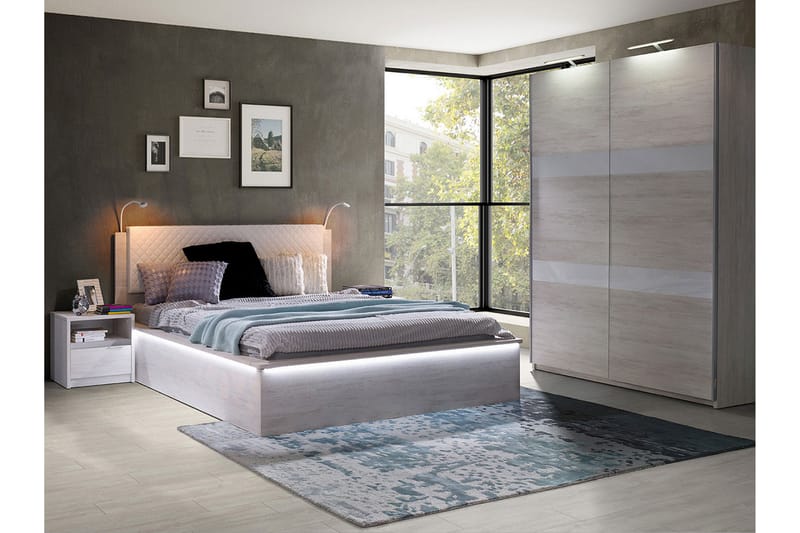 Najera Soveværelsessæt - Eg | Hvid LED-belysning - Møbler - Senge - Seng med opbevaring