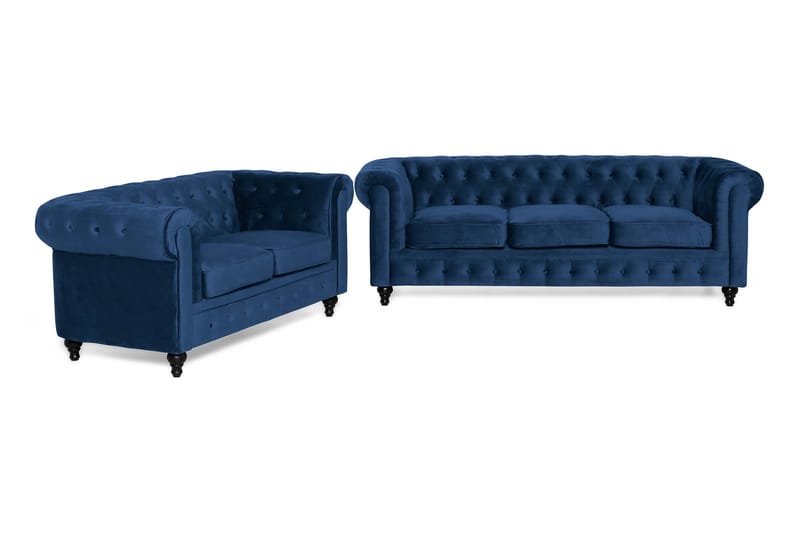 Chesterfield Lyx Sofagruppe 2+3 personers - Blå Velour - Møbler - Sofaer - 4 personers sofa