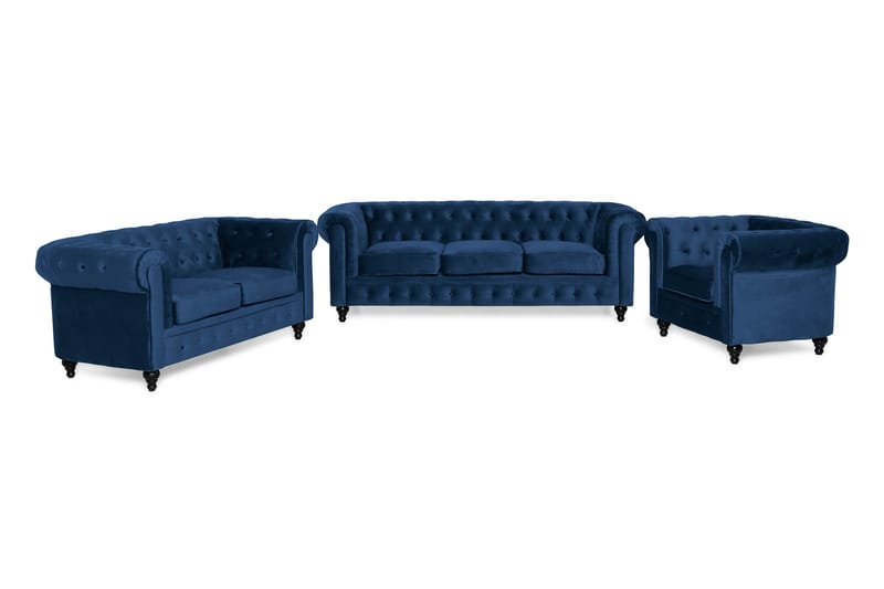 Chesterfield Lyx Sofagruppe 2+3 personers med Lænestol - Blå Velour - Møbler - Sofaer - Velour sofaer