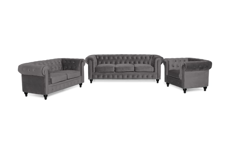 Chesterfield Lyx Sofagruppe 3-pers+2-pers+Lænestol Velour - Mørkegrå - Møbler - Sofaer - 4 personers sofa