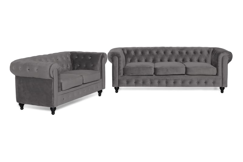 Chesterfield Lyx Sofagruppe 3-pers+2-pers Velour - Mørkegrå - Møbler - Sofaer - Sofagrupper - Chesterfield sofagruppe