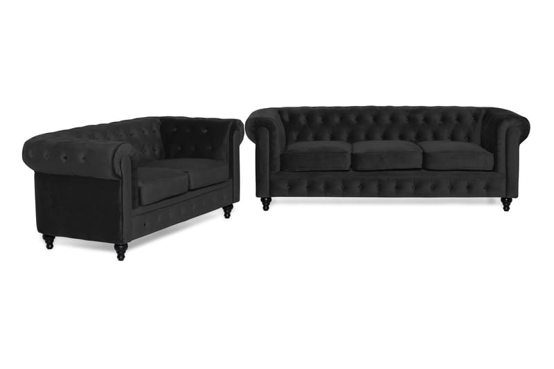 Chesterfield Lyx Sofagruppe 3-pers+2-pers Velour - Sort - Møbler - Sofaer - Sofagrupper - Chesterfield sofagruppe