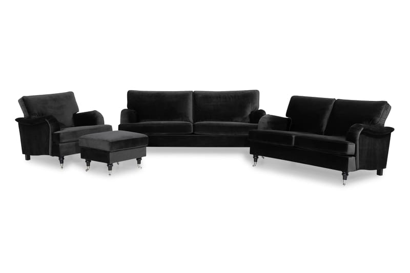 Howard Classic Sofagruppe 2+3,5-personers+Lænestol+Puf Velou - Sort - Møbler - Sofaer - Sofagrupper - Chesterfield sofagruppe