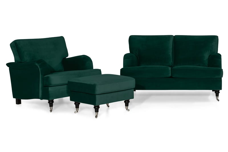 Howard Classic Sofagruppe 2-personers+Lænestol+Puf Velour - Mørkegrøn - Møbler - Sofaer - Sofagrupper - Chesterfield sofagruppe