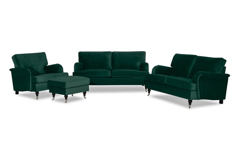 Howard Classic Sofagruppe 3+2-personers+Lænestol+Puf Velour - Mørkegrøn - Møbler - Sofaer - Sofagrupper - Chesterfield sofagruppe