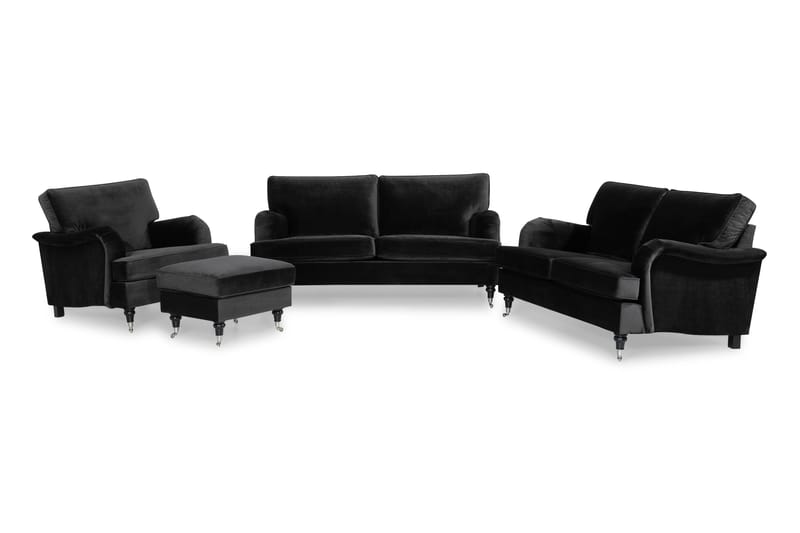 Howard Classic Sofagruppe 3+2-personers+Lænestol+Puf Velour - Sort - Møbler - Sofaer - Sofagrupper - Chesterfield sofagruppe