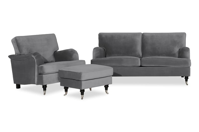 Howard Classic Sofagruppe 3-personers+Lænestol+Puf Velour - Sølvgrå - Møbler - Sofaer - Sofagrupper - Chesterfield sofagruppe