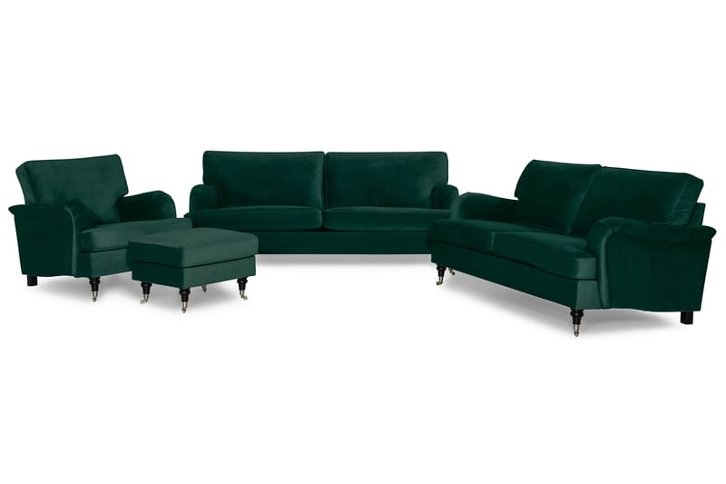 Howard Classic Sofagruppe 3,5+3-personers+Lænestol+Puf Velou - Mørkegrøn - Møbler - Sofaer - Sofagrupper - Chesterfield sofagruppe