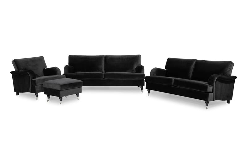 Howard Classic Sofagruppe 3,5+3-personers+Lænestol+Puf Velou - Sort - Møbler - Sofaer - Sofagrupper - Chesterfield sofagruppe
