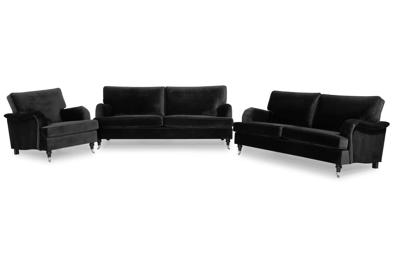 Howard Classic Sofagruppe 3,5+3-personers+Lænestol Velour - Sort - Møbler - Sofaer - Sofagrupper - Chesterfield sofagruppe