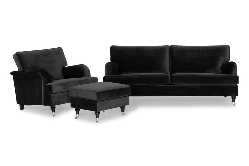 Howard Classic Sofagruppe 3,5-personers+Lænestol+Puf Velour - Sort - Møbler - Sofaer - Sofagrupper - Chesterfield sofagruppe
