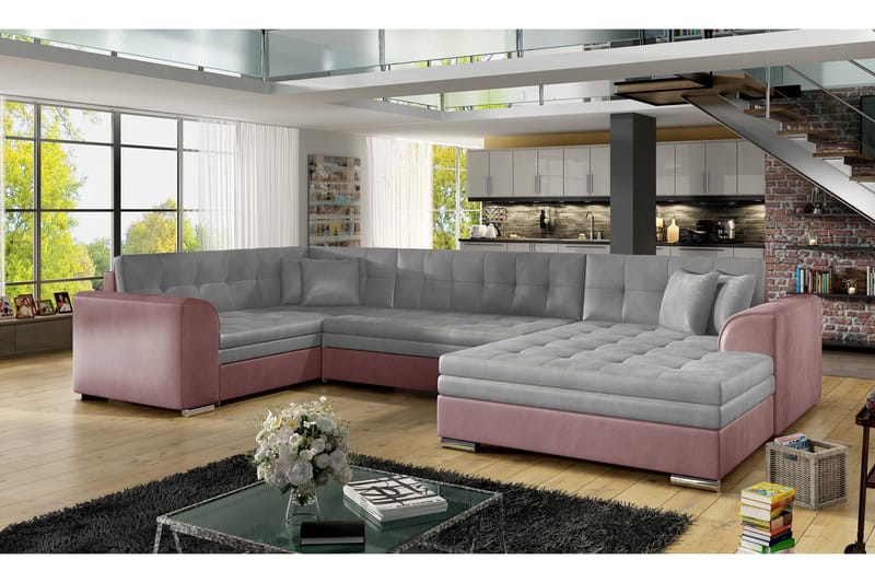 Rineta sovesofa med dobbelt sofa - Grå / lyserød - Møbler - Sofaer - Sovesofaer - Sovesofa u sofa