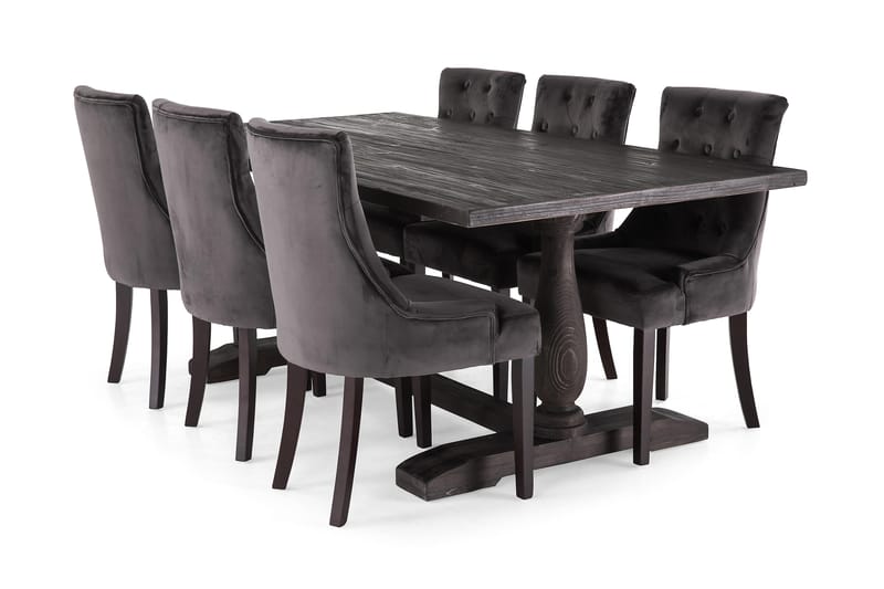 Dijon Spisebordssæt 200cm m. 6 Viktoria Stole - Vintage Elm/Mørkegrå Velour - Møbler - Spisebordssæt - Rektangulært spisebordssæt