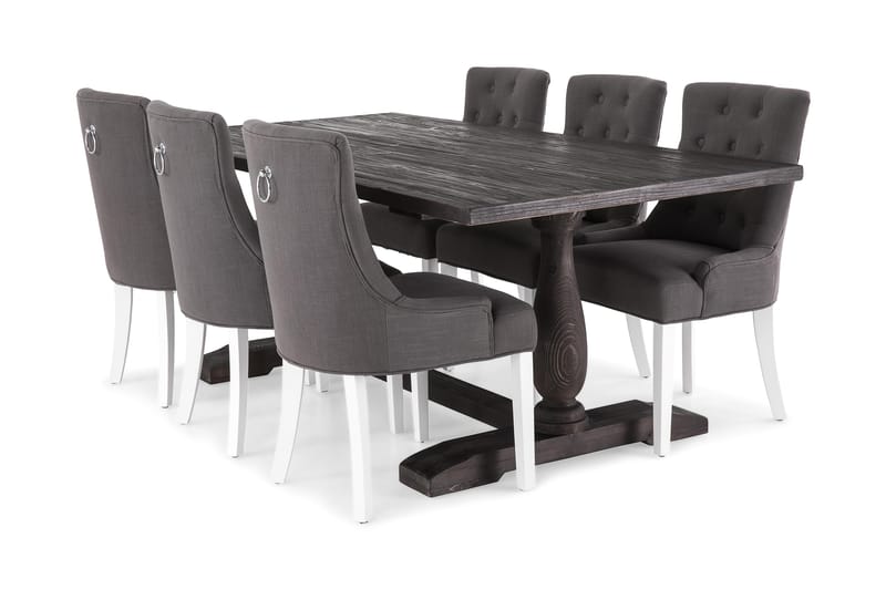 Dijon Spisebordssæt 200cm m. 6 Viktoria Stole - Vintage Elm/Mørkegrå/Hvid - Møbler - Spisebordssæt - Rektangulært spisebordssæt
