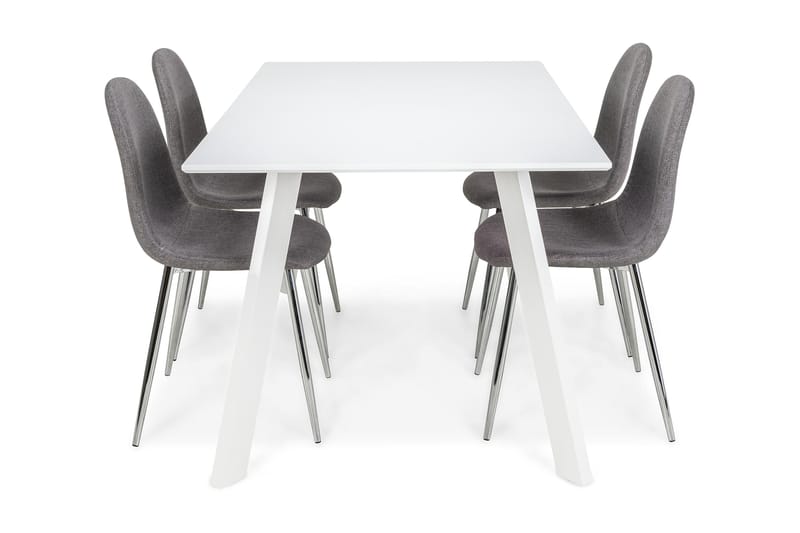 Fly Spisebordssæt med 4 Nibe Stole - Hvid/Grå/Krom - Møbler - Spisebordssæt - Rektangulært spisebordssæt