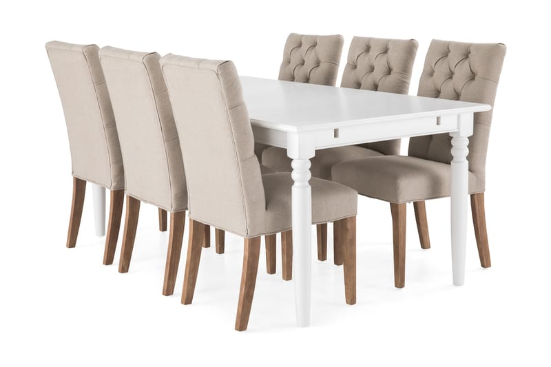 Hampton Spisebordssæt 190cm m. 6 Jenny Stole - Hvid/Beige/Vintage - Møbler - Spisebordssæt - Rektangulært spisebordssæt