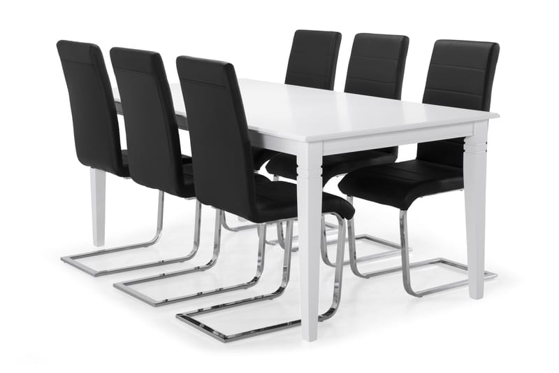 Hartford Spisebord med 6 stk Cibus Stole - Hvid/Sort/Krom - Møbler - Spisebordssæt - Rektangulært spisebordssæt