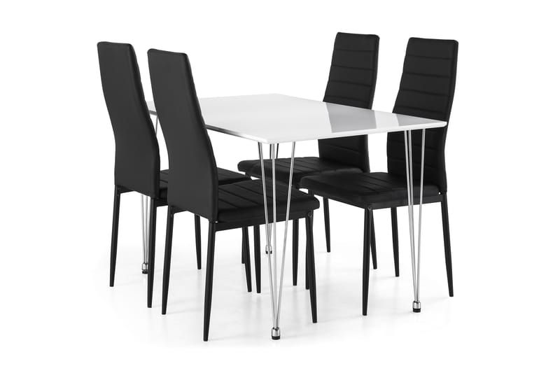 Kronblom Spisebordsæt 120 cm med 4 Ted Stol - Hvid/Krom/Sort - Møbler - Spisebordssæt - Rektangulært spisebordssæt