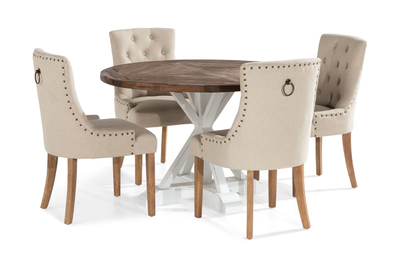 Lyon Spisebordssæt Rund med 4 st Viktoria Lænestol - Træ/Hvid/Beige - Møbler - Spisebordssæt - Rektangulært spisebordssæt