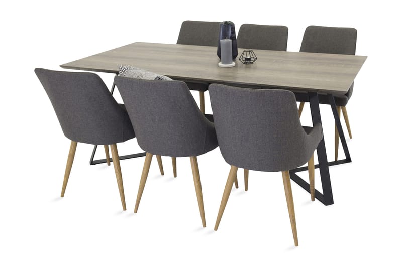 Malvina Spisebordssæt med 6 Pelle Stole - Grå/Sort/Mørkegrå/Eg - Møbler - Spisebordssæt - Rektangulært spisebordssæt