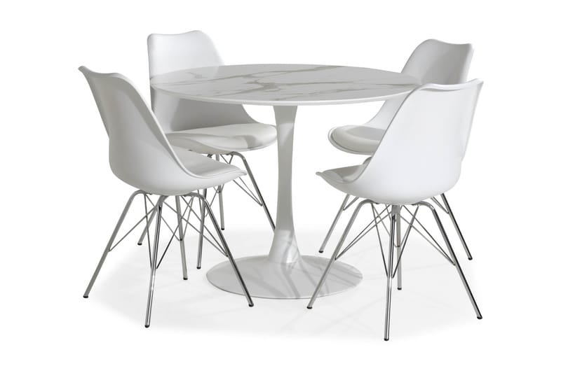 Caitly Spisebordssæt med 4 st Shell Spisebordsstol - Hvid - Møbler - Spisebordssæt - Rundt spisebordssæt