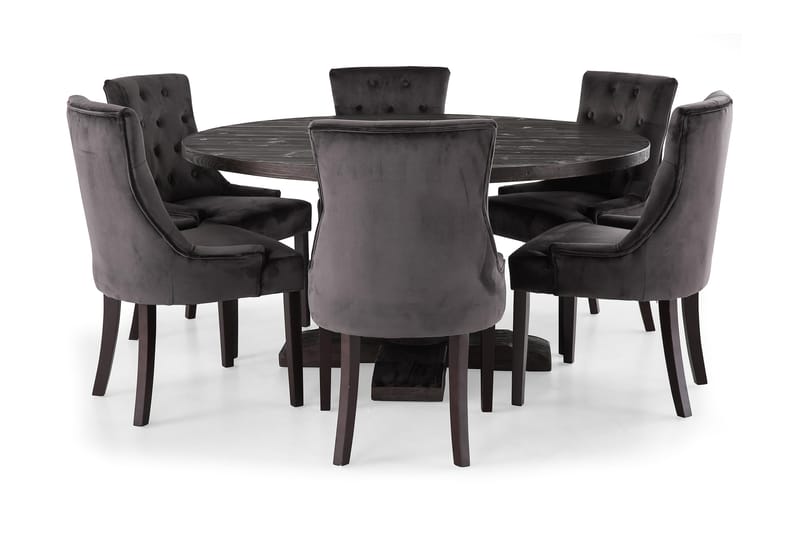 Dijon Spisebordssæt Rund 150cm m. 6 Viktoria Stole - Vintage Elm/Mørkegrå Velour - Møbler - Spisebordssæt - Rundt spisebordssæt