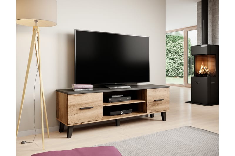 Lottana TV-Bord 160x40x53 cm med 2 Døre + Hylder - Egetræsfarvet/Matsort - Møbler - TV-Borde & Mediemøbler - TV-borde