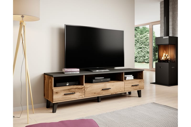 Lottana TV-Bord 180x40x53 cm med 3 Hylder + 3 Skuffer - Egetræsfarvet/Matsort - Møbler - TV-Borde & Mediemøbler - TV-borde