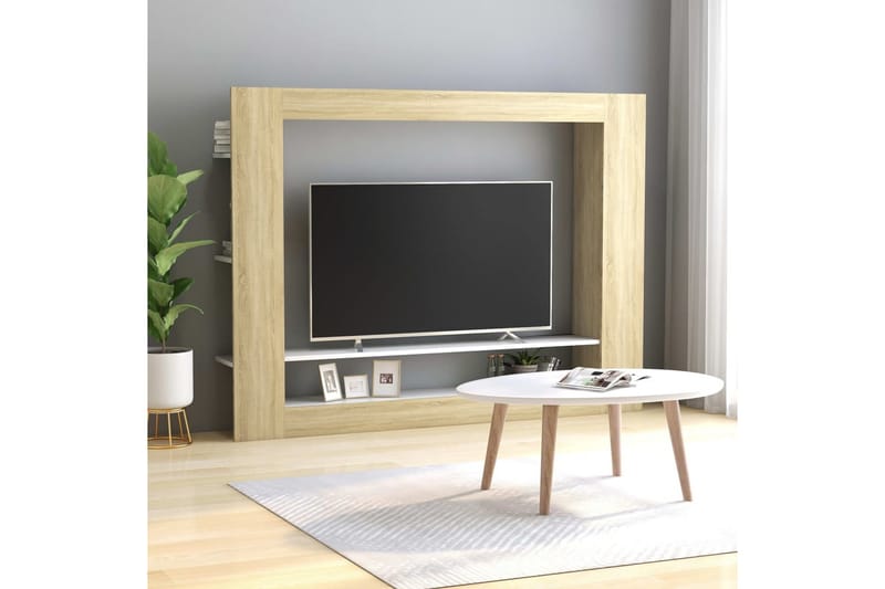 tv-skab 152 x 22 x 113 cm spånplade hvid og sonoma-eg - Brun - Møbler - TV-Borde & Mediemøbler - Tv-møbelsæt