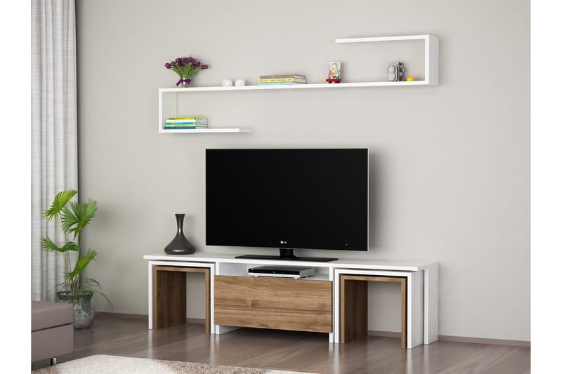 Ergene TV-Bord med væghylde - Hvid / valnød - Møbler - TV borde & mediemøbler - Tv-møbelsæt