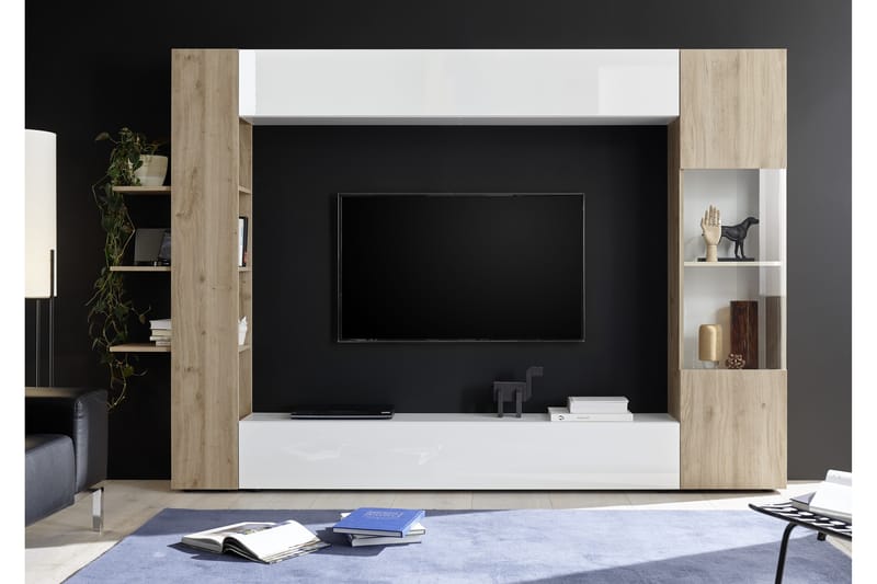 Sorano Moderne TV-møbelsæt 258cm - Hvid/Træ - Møbler - TV borde & mediemøbler - Tv-møbelsæt