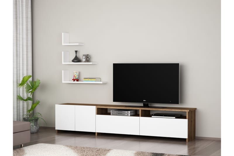 Winvar TV-Bord inkl. 3 hylder - Hvid / valnød - Møbler - Senge - Seng med opbevaring