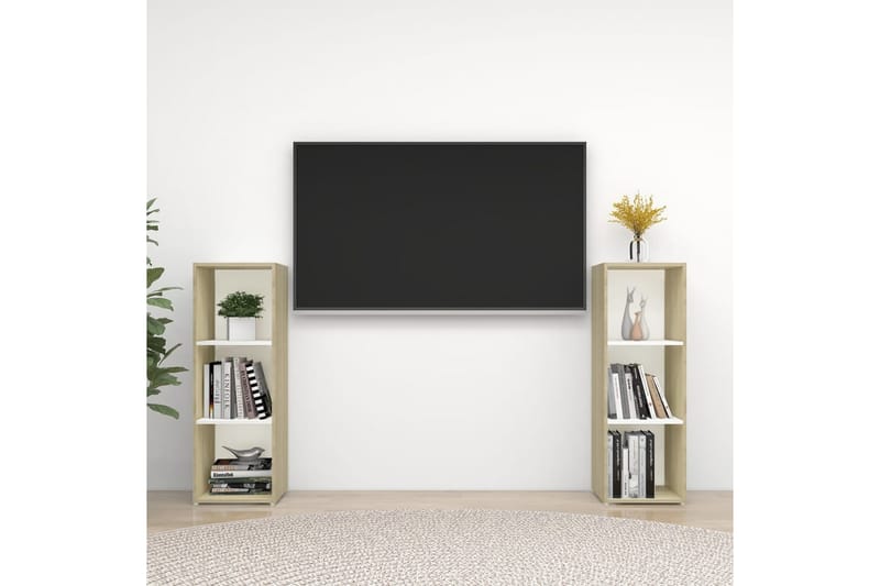 tv-skabe 2 stk. 107x35x37 cm spånplade hvid og sonoma-eg - Beige - Møbler - TV-Borde & Mediemøbler - TV-skab