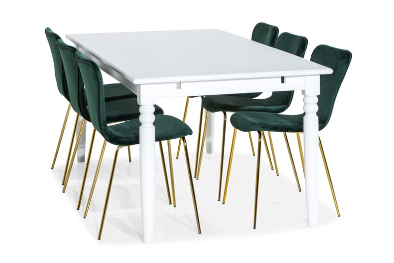 Hampton Spisebordssæt 190 cm med 6 Perco Stol - Hvid/Grøn/Messing - Møbler - Spisebordssæt - Rektangulært spisebordssæt