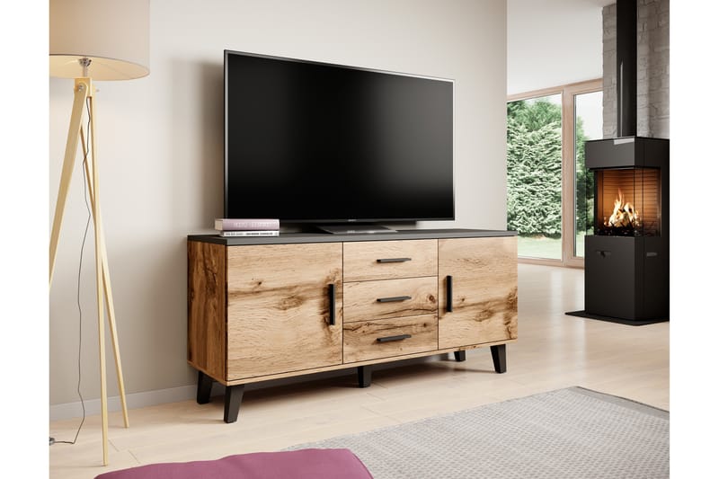 Lottana Skænk 150x45x69 cm med 2 Døre + 3 Skuffer - Egetræsfarvet/Matsort - Møbler - TV-Borde & Mediemøbler - TV-borde