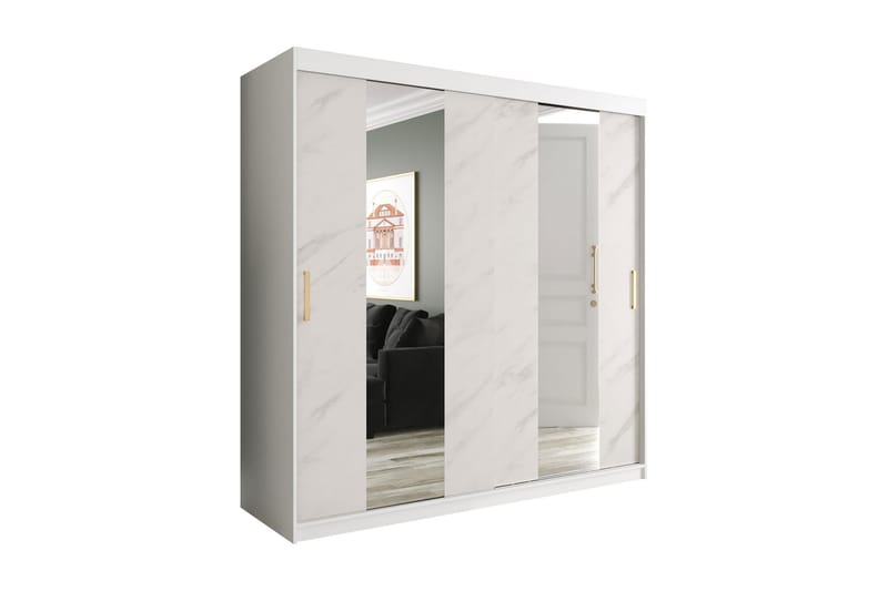 Marmuria Garderobe med Spejle Midt 200 cm Marmormønster - Hvid/Guld - Opbevaring - Tøjopbevaring - Garderobeskabe