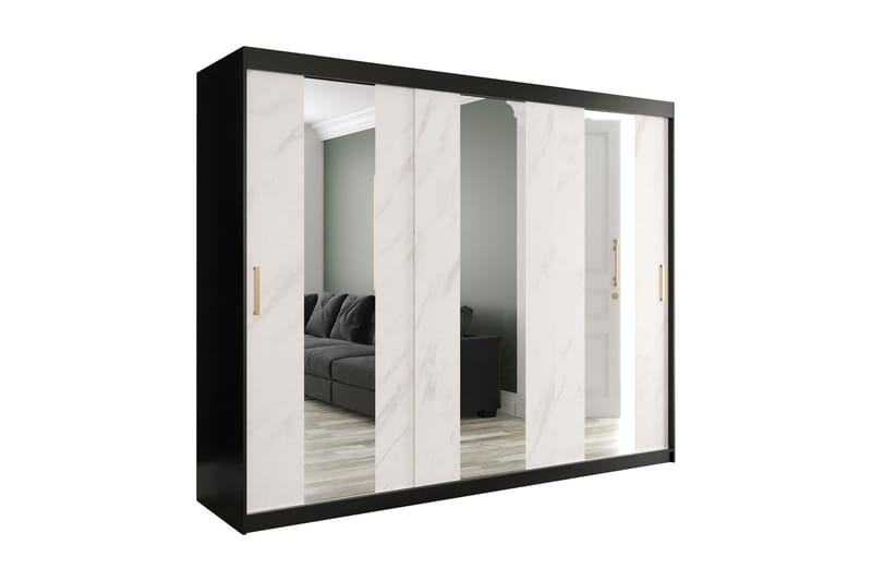 Marmuria Garderobe med Spejle Midt 250 cm Marmormønster - Sort/Hvid/Guld - Opbevaring - Tøjopbevaring - Garderobeskabe