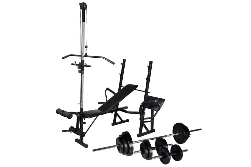 træningsbænk m vægtstativ, vægtstang- og håndvægtsæt 30,5kg - Sport & fritid - Hjemmetræning - Træningsredskaber - Crossfit udstyr